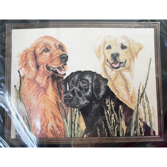 Janlynn Golden Retrievers Black Dogs Cross Stitch Kit Vintage 1987 NEW Sealed - Picture 2 of 4